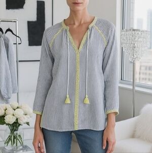 Spartina 449 Carlen Tunic Carolina Blue Stripe Yellow Embroidery & Tassel - M